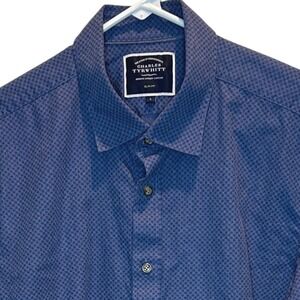 Charles Tyrwhitt Mens Slim‎ Fit Blue Geometric Dress Shirt Long Sleeve Large